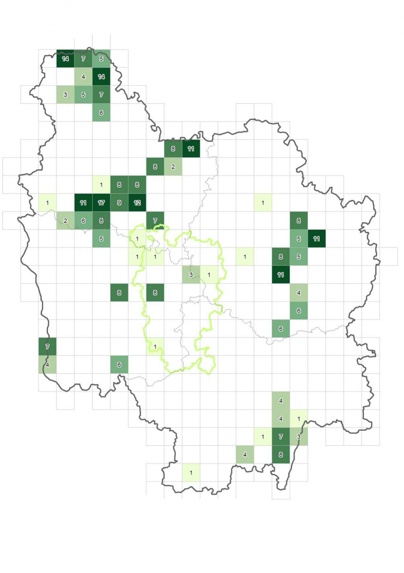 Nombre d'espèces contactées par maille en hiver (maillage 10x10km Lambert 93)